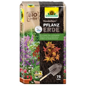 Sack Neudorff NeudoHum Pflanzerde, 75 l, torffrei, mit Pflanzenabbildung und Schaufel.