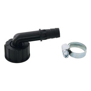 Schwarze Winkel-Schlauchverschraubung 90° aus Kunststoff mit Schlauchschelle.