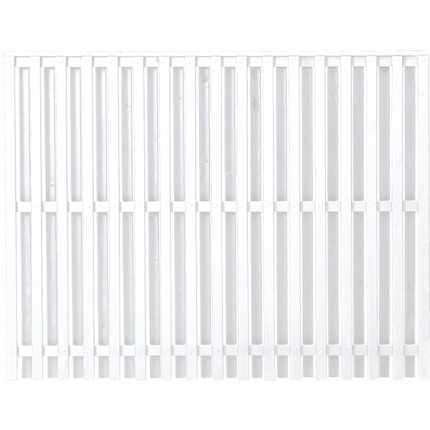 Weißer Sichtschutzzaun Nagano aus Nadelholz, 180x140 cm, mit senkrechten Leisten für Privatsphäre im Garten.