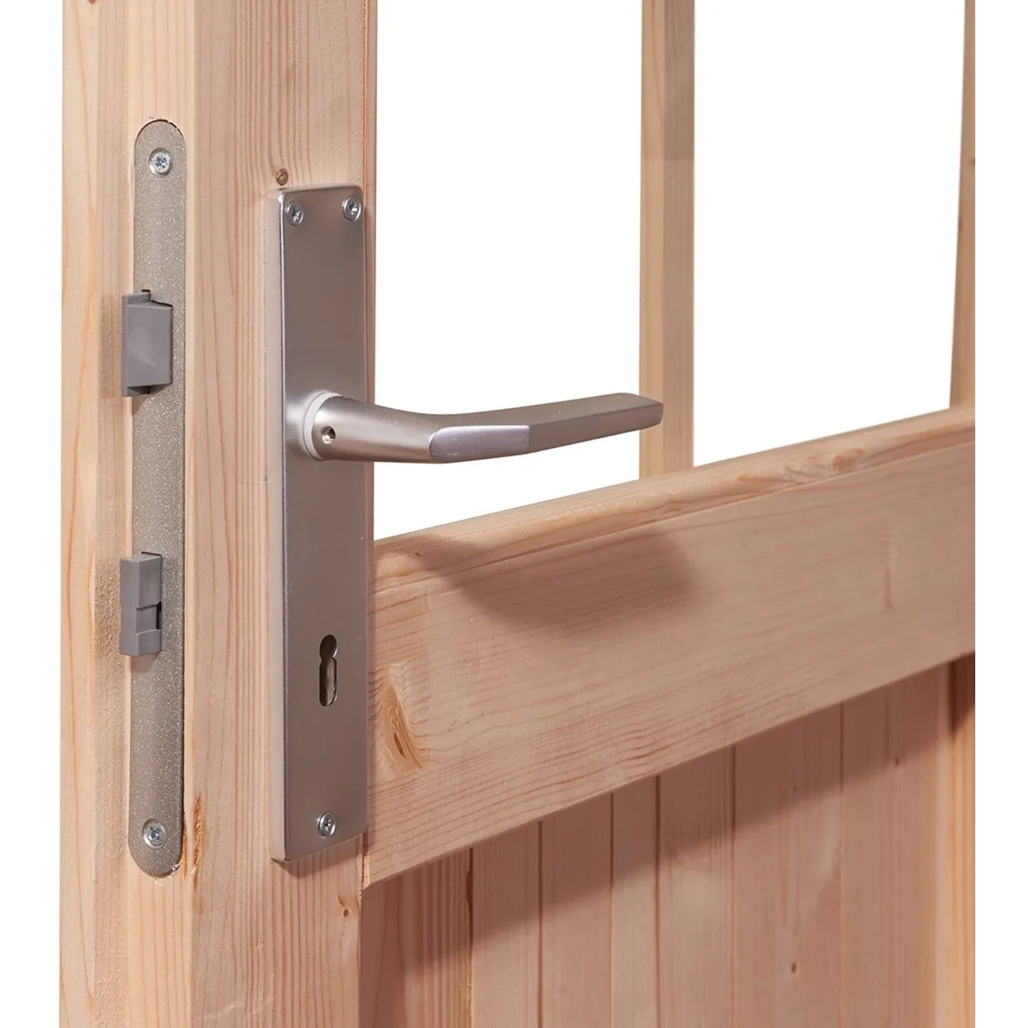 Detailaufnahme: Tür mit silberfarbener Klinke des Karibu Holz-Gartenhauses Kristiansund.