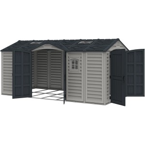 Großes, graues Duramax Kunststoff-Gartenhaus Apex Pro mit geöffneten Doppeltüren und Fenster.