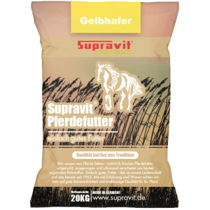 Beiger 20kg Sack Supravit Gelbhafer Pferdefutter mit Pferdemotiv und Haferähren.