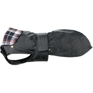 Schwarzer Jollypaw Hundemantel Jonathan, Größe S (33 cm), mit kariertem Kragen und Befestigungsgurt.