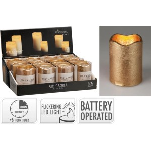 Goldene LED-Kerze mit flackerndem Licht und Timerfunktion (6h/18h). Strukturierte Oberfläche, Wellenkante, batteriebetrieben.