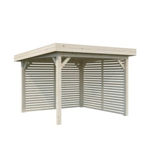 Quadratischer, naturbelassener Palmako Pavillon Lenna Set mit Sichtschutzwänden aus Holz.