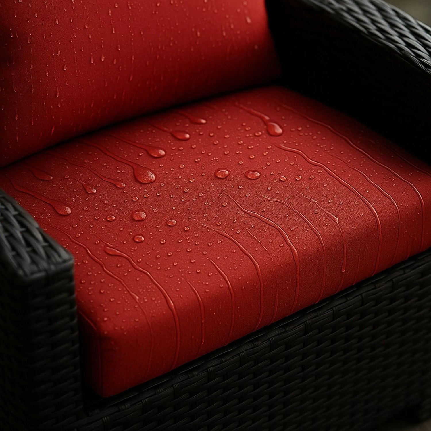 Rotes Gartenkissen-Set für Polyrattan-Möbel, wasserabweisend, bestehend aus Sitz- und Rückenkissen.