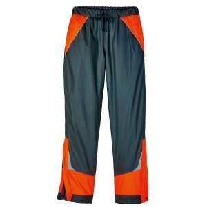 Scheibler Regenhose Havel in Oliv-Orange, Größe XL. Arbeitskleidung mit Reflektoren, wasser- und winddicht.