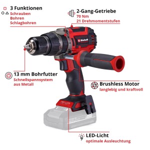 Einhell Akku-Schlagbohrschrauber TP-CD 18/70 Li-i BL Solo, rot/schwarz, mit 13mm Metall-Schnellspannbohrfutter.