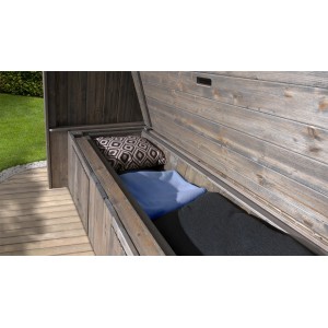 Geöffnete Weka Gartenlaube Merano, silbergrau gebürstet, mit Stauraum und Kissen.