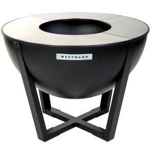 Westmann Premium Grill Feuerstelle, Ø 81cm, schwarz. Moderne Feuerschale mit Grillplatte für Garten und Terrasse.