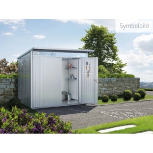 Silbernes Metall-Gerätehaus AvantGarde Gr. A2 mit Doppeltür, teilgeöffnet.