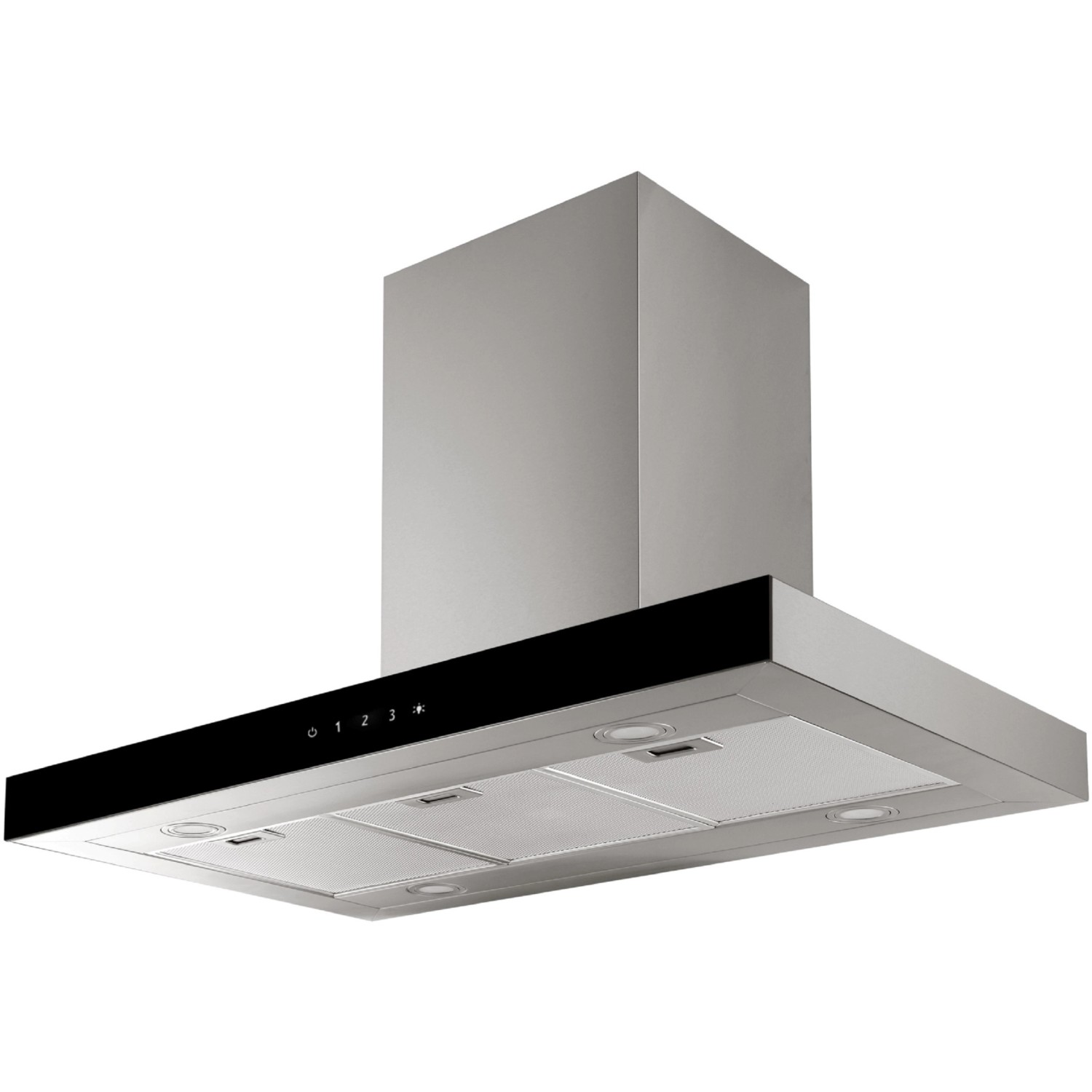 Respekta Inselhaube Cara aus der Premium Küche, Edelstahl mit schwarzem Bedienfeld.