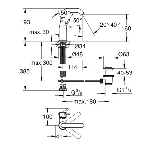 Technische Zeichnung Grohe Essence M-Size Waschbeckenarmatur Warm Sunset mit Maßangaben.