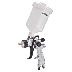 Metabo Farbspritzpistole FSP 600 HVLP für Kompressoren, silberfarben mit transparentem Behälter.