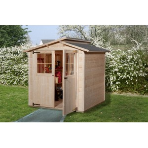 Weka Holz-Gartenhaus 323 mit versetztem Satteldach, unbehandelt, mit offener Doppeltür.