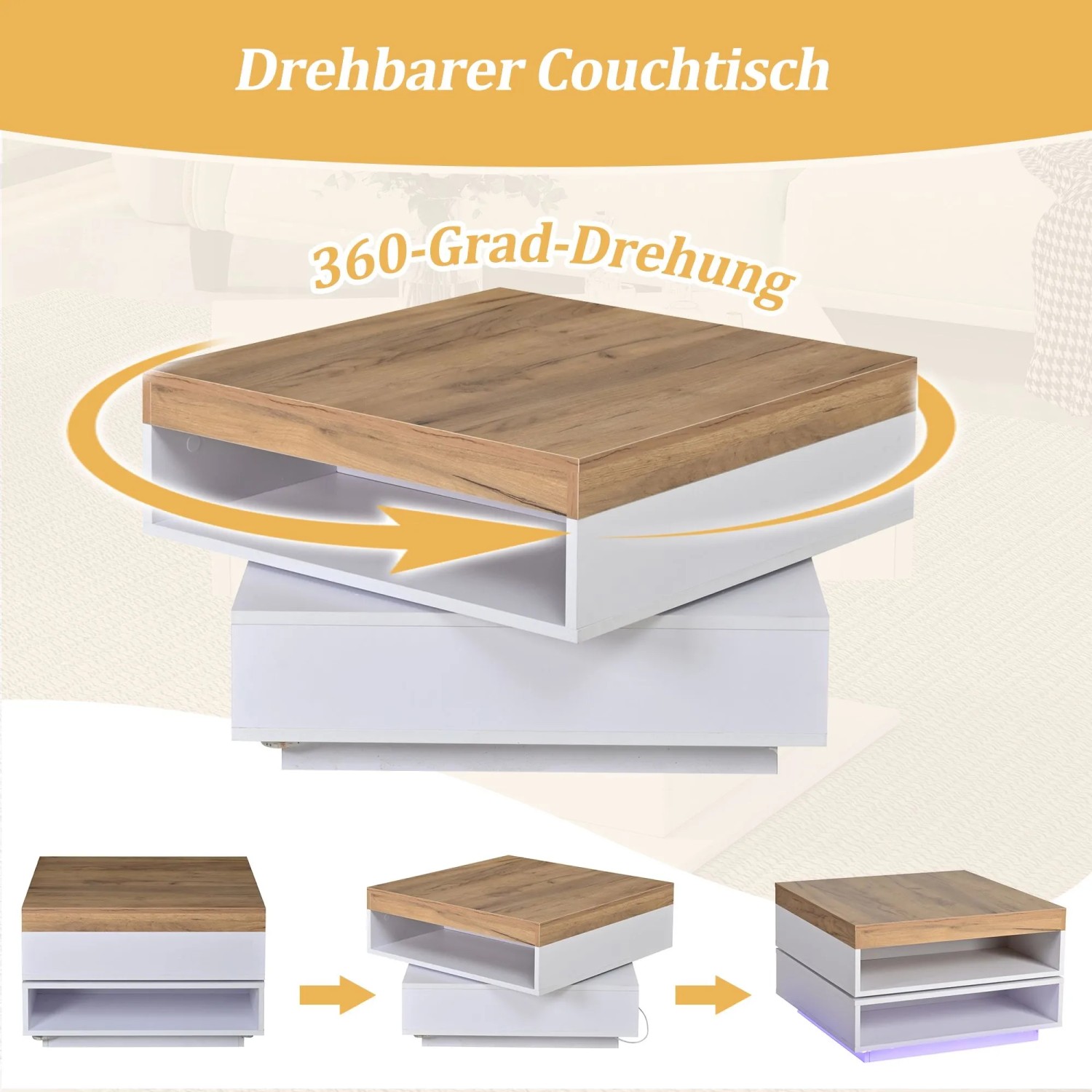 okwish Couchtisch mit LED Schubladen Drehbar 65x65x40cm Hochglanz Weiß_6