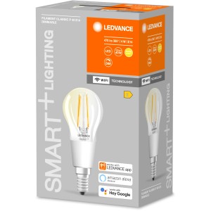 Ledvance Smart+ Filament LED-Lampe, Mini-Birne, klar, E14, dimmbar, warmweiß.