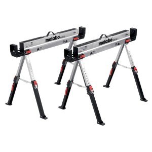 Metabo Arbeitsbock-Set MAB 82: Zwei höhenverstellbare, silberfarbene Stahlböcke mit schwarzem Gestell.