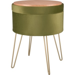 Grüner Sitzhocker Safari Lodge mit Holzdeckel und goldenen Beinen, 45 cm hoch.