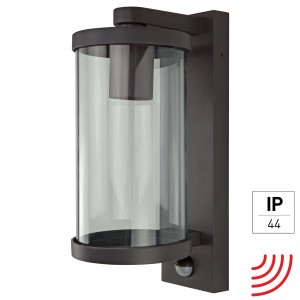 Anthrazitfarbene E2 Elektro Außenwandleuchte Mira mit Sensor und klarem Glas.