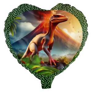 Herzförmiger Folienballon mit Dino-Motiv, Ø 45cm, ideal für Kindergeburtstage und Dino-Partys.