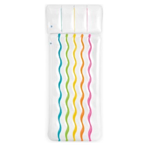 Intex Regenbogen-Luftmatratze, weiß mit bunten wellenförmigen Streifen und integriertem Kopfbereich.