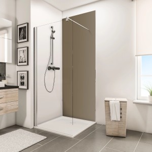 Schulte DecoDesign Duschrückwand Set Ecke, Dekor Taupe im Badezimmer mit Dusche.