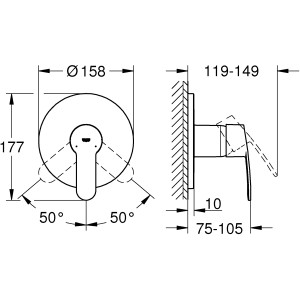 Technische Zeichnung: Grohe Eurostyle Cosmopolitan Einhand-Brausebatterie, Chrom, Maße und Winkelangaben.