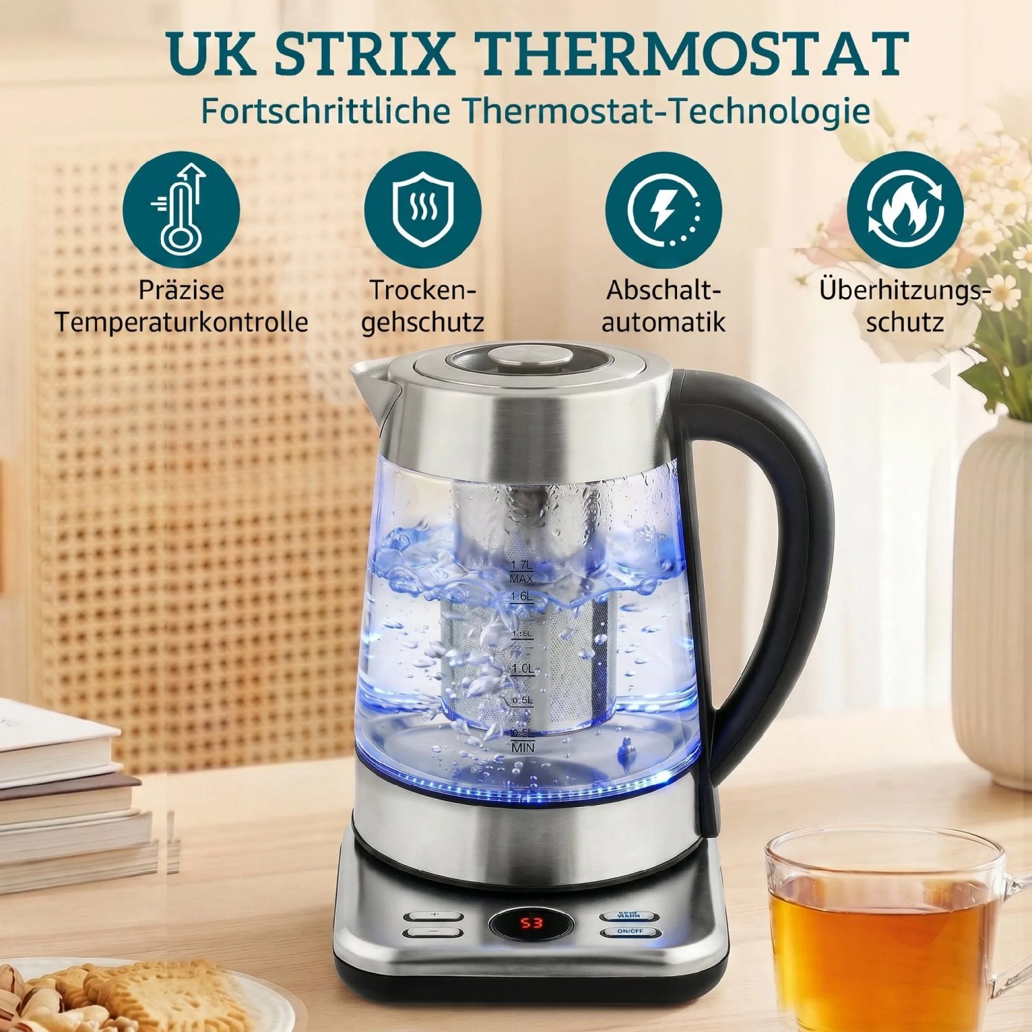 HOMCOM Wasserkocher 1.7L aus Glas/Edelstahl, silber, mit blauer Beleuchtung, kochendem Wasser & digitaler Temperaturanzeige. Strix-Sicherheit.