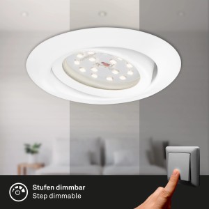 Weißer Briloner LED Einbaustrahler, dimmbar, im Wohnraum mit Lichtschalter.