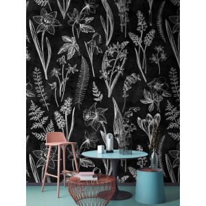 Fototapete Blackboard Blumenwiese schwarz-weiß, florales Muster, 4,00x2,70m, FSC®-zertifiziert.