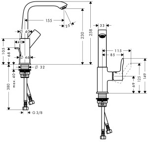 Technische Zeichnung: Hansgrohe Metris Waschtischarmatur 230mm mit Schwenkauslauf, Maße und Details.
