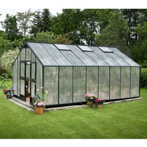 Juliana Gewächshaus Gärtner 21 Anthrazit im Garten, Doppelstegplatten, Doppeltür.