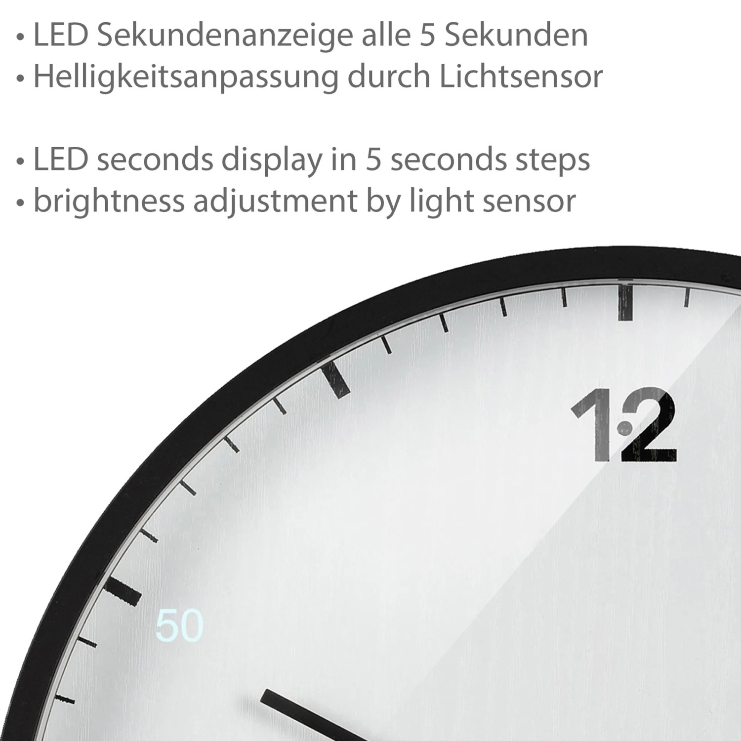 Weiße Bresser Wanduhr MyTime (Ø 24cm) mit LED-Sekunden- und Temperaturanzeige.
