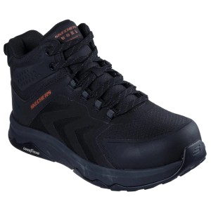 Skechers Nordown S3S Sicherheitsschuh, schwarz-rot, knöchelhoch, mit Goodyear Laufsohle und Carbon Zehenschutz.
