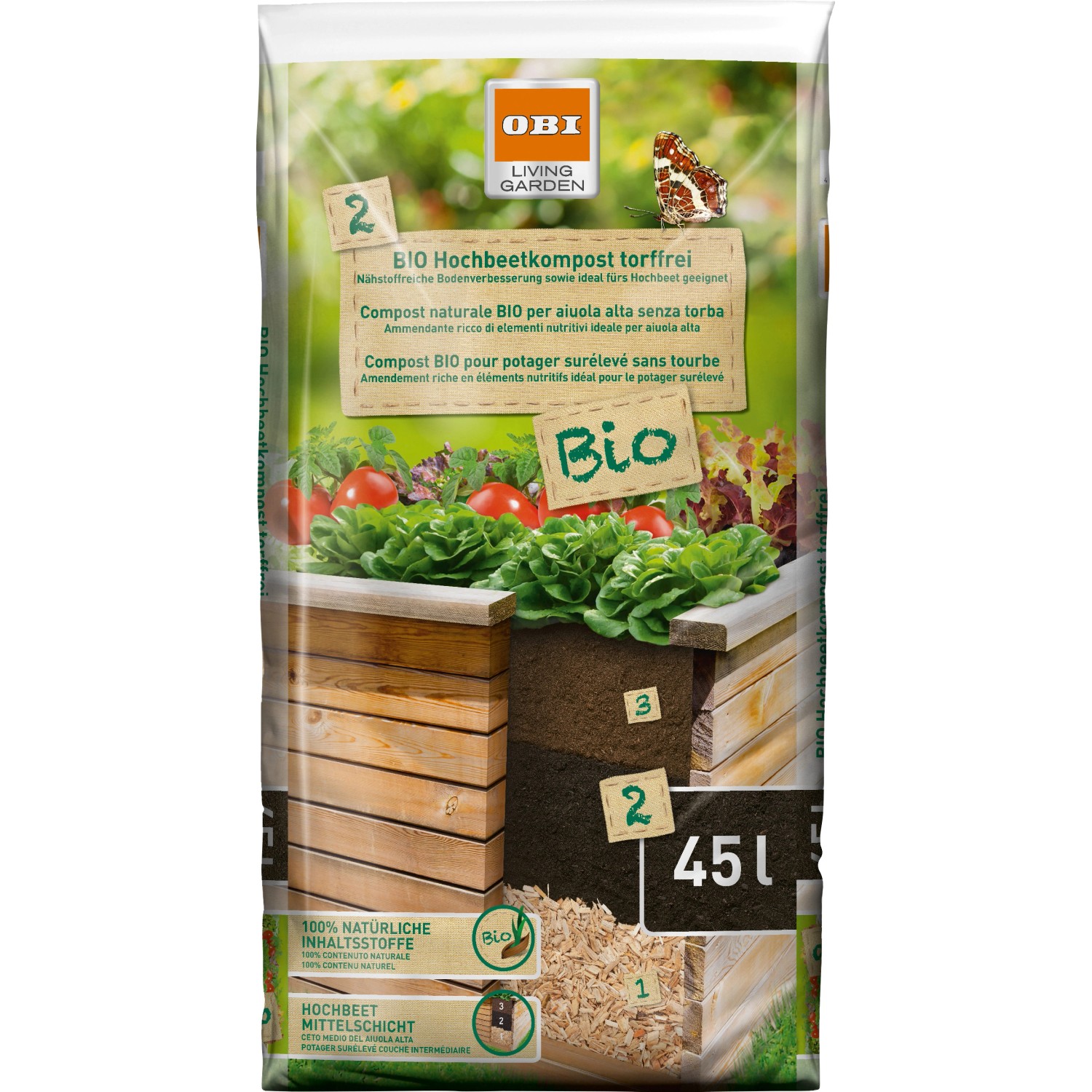Sack OBI Bio Hochbeetkompost, torffrei, 2295 l (51x45 l) für gesundes Pflanzenwachstum.