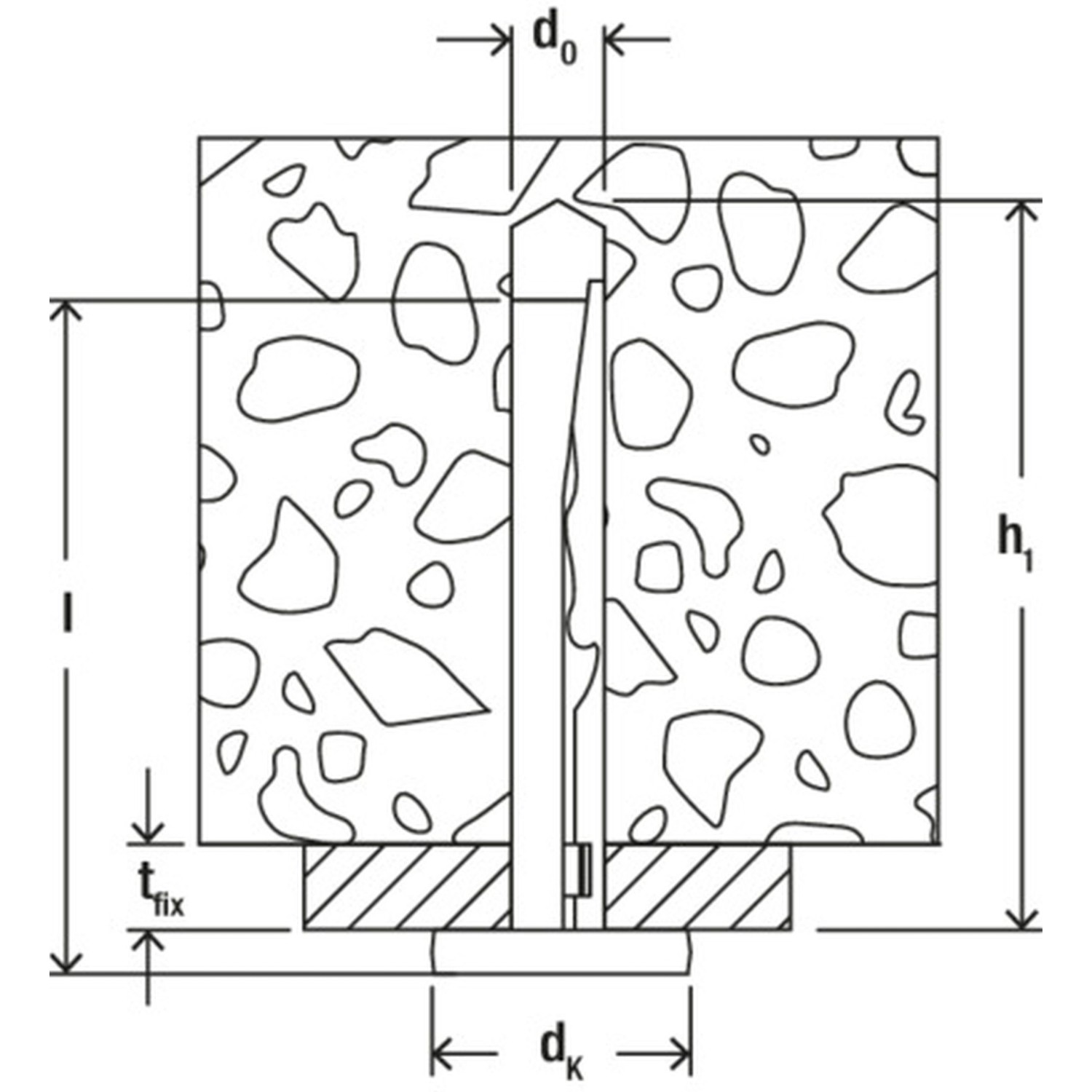 Zeichnung: fischer Deckennagel FDN II 6/5 im Beton, mit Bemaßung relevanter Größen.