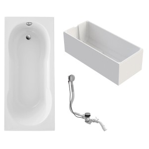 Ottofond Badewanne Nixe 170cm, Rechteck-Badewanne mit Träger und Ablaufgarnitur in Chrom, Weiß.