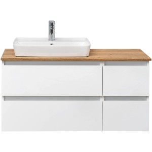 Pelipal Waschbeckenunterschrank Quickset 360, 110 cm, Weiß Glänzend mit Waschbecken und Armatur.