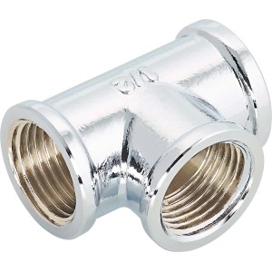 Verchromtes Gewinde-T-Stück 18,6 mm (Rp 1/2) aus Messing für Heizungs- und Trinkwasserinstallation.
