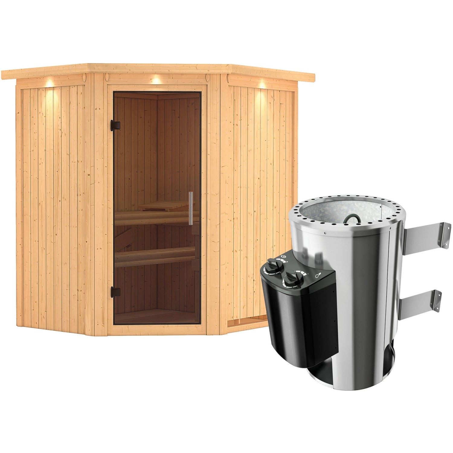 Karibu Sauna Thora mit Ofen und LED-Dachkranz in Natur, mit Glastür und Bänken.