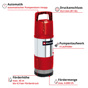 Einhell GE-PP 1050 N-A Tauchdruckpumpe für Klarwasser aus Edelstahl, mit Automatikfunktion.