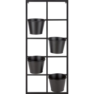 Schwarzes Hängeblumen-Gestell aus Metall mit 4 Übertöpfen, 105x48cm, für die Gartendekoration.