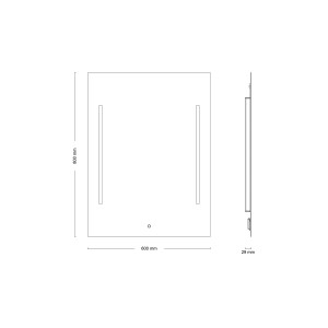Skizze des rechteckigen LED-Leuchtspiegels Sirius II, 60x80 cm, mit Maßangaben.