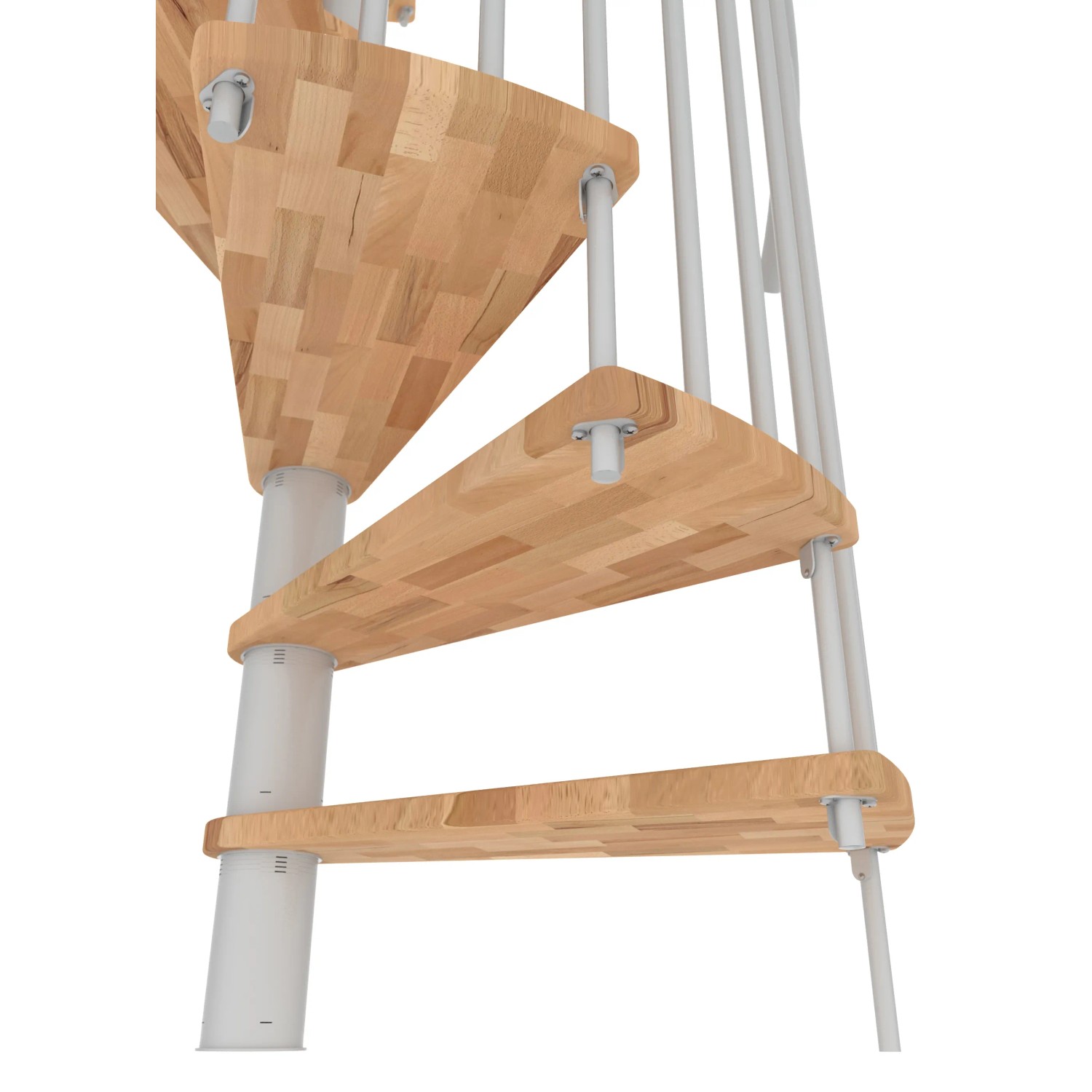 Detailansicht der weißen Minka Spindeltreppe Spiral Smart mit Buchenholzstufen.