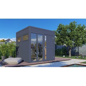Modernes, anthrazitfarbenes Bertilo Gartenhaus Cubus 2 Office mit Glasfront und Tür.