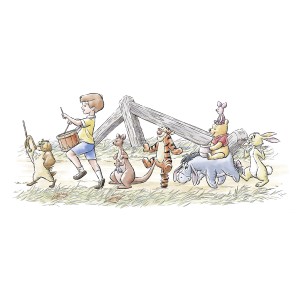 Bunte Winnie The Pooh Fototapete: Christopher Robin mit Trommel, Winnie Puuh, Ferkel, I-Aah, Tigger und Rabbit auf einem Weg.