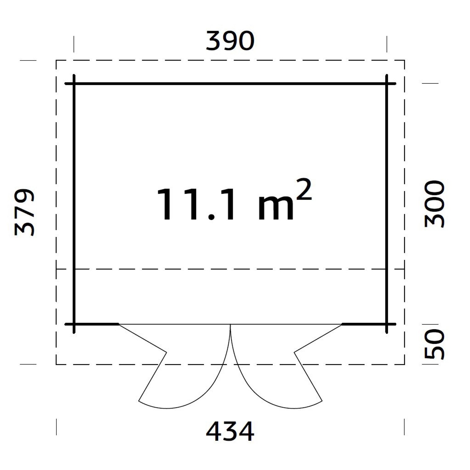 Grundriss Palmako Gartenhaus Ines Bifold, 390x300 cm, Holz-Gartenhaus mit Falttür.