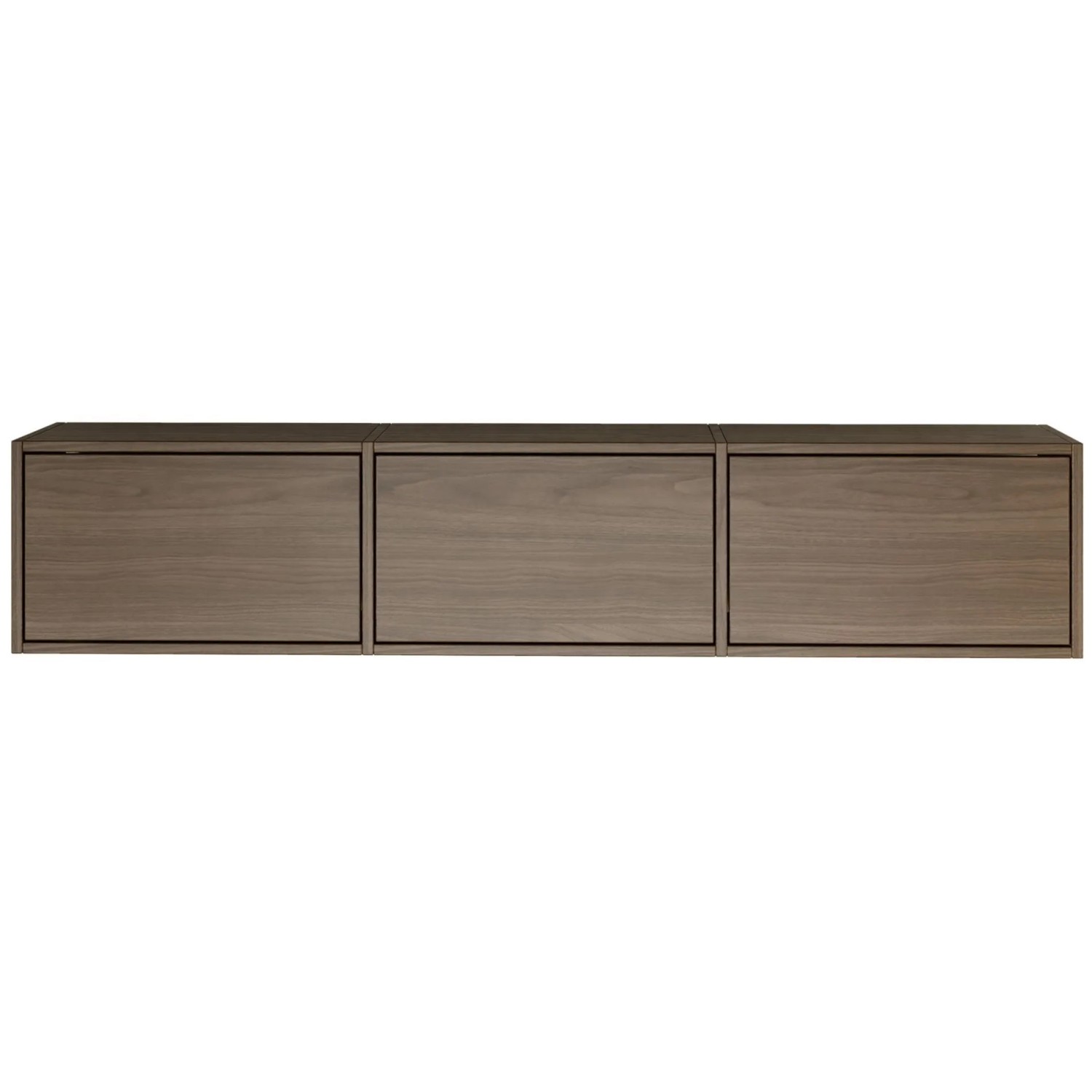 Selsey Framme TV-Hängeboard 150 cm in Walnuss-Holzoptik. Wandmontierter TV-Schrank mit 3 grifflosen Klappen.