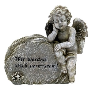 Flower Power Grabdeko: Engel auf Stein mit Inschrift als würdevoller Grabschmuck.